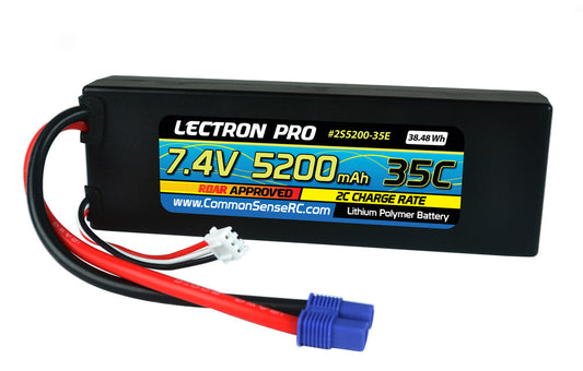 Lectron Pro 7.4V 5200mAh 50C Lipo Battery with EC3 Connector for 1/10th Scale Cars & Trucks - Losi, ECX